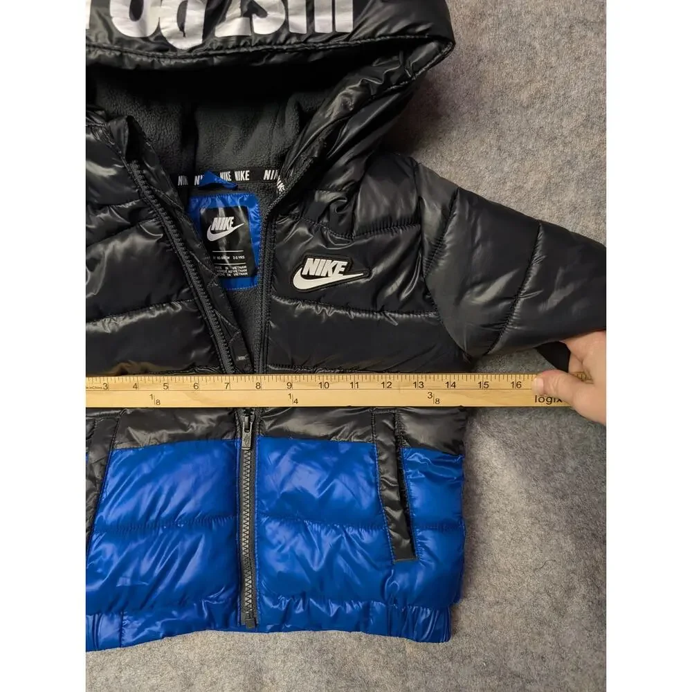 NIKE Size 3T Boys Toddler Full-Zip Puffer Jacket Winter Coat Black Blue Hooded